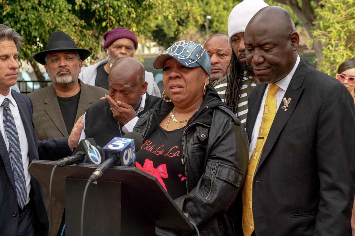 The mother of Robert Adams, Tamika King, speaks about a lawsuit against the San Bernardino Police Department in Los Angeles last year.