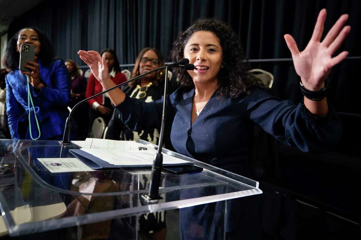 County Judge Lina Hidalgo gives an impromptu speech during the Harris County 2023 Investiture Ceremony at NRG Center on Monday, Jan. 2, 2023 in Houston. Newly elected and re-elected county officials took their oaths of office during the ceremony.