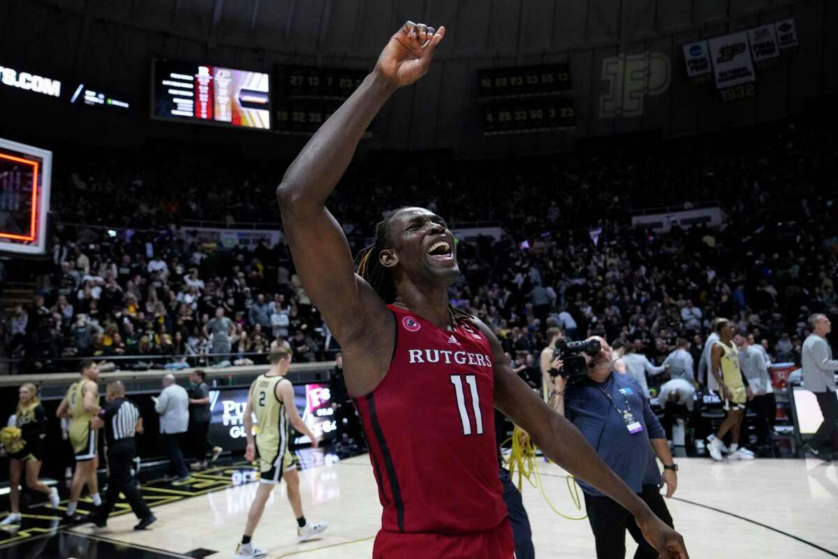 Rutgers center Clifford Omoruyi (11) celebrates after a 65-64 win over No. 1 Purdue in West Lafayette, Ind.