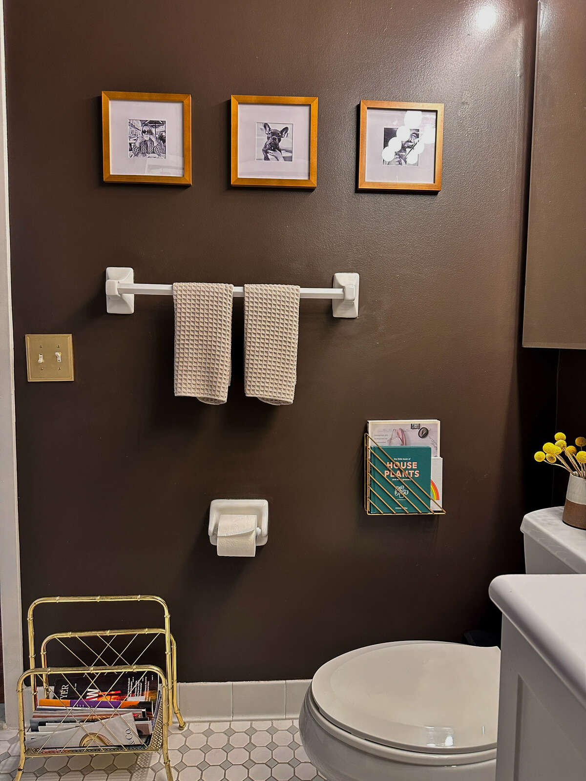 New paint, art and accessories made a big difference in Caroline Mullen's rental bathroom in New Jersey.