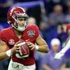 Alabama quarterback Bryce Young (9) throws a pass against Kansas State during the second half of the Sugar Bowl NCAA college football game Saturday, Dec. 31, 2022, in New Orleans. (AP Photo/Butch Dill)