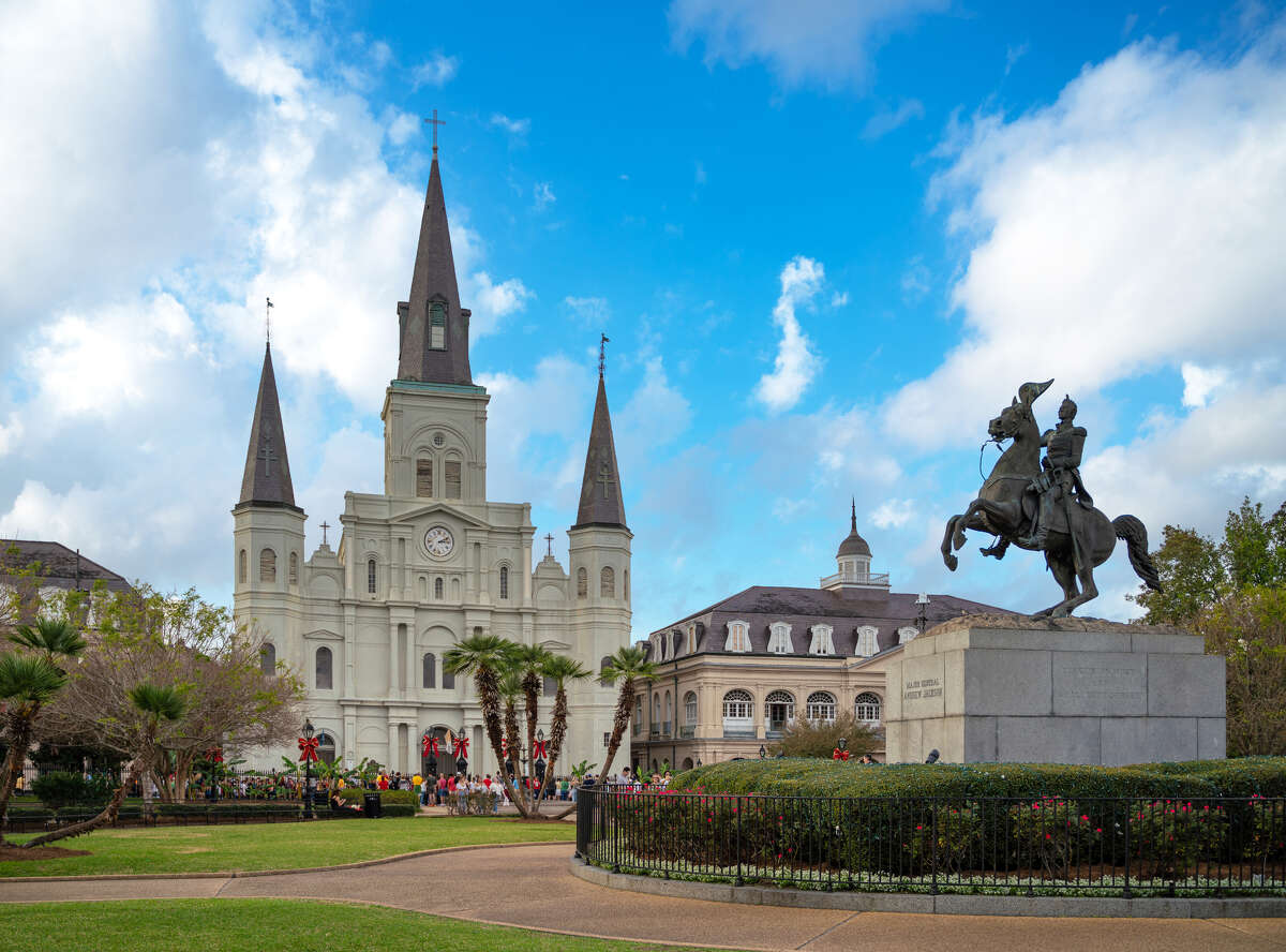 Cathedral of St Louis and General Andrew Jackson Statue in New Orleans, Louisiana erected in 1856.