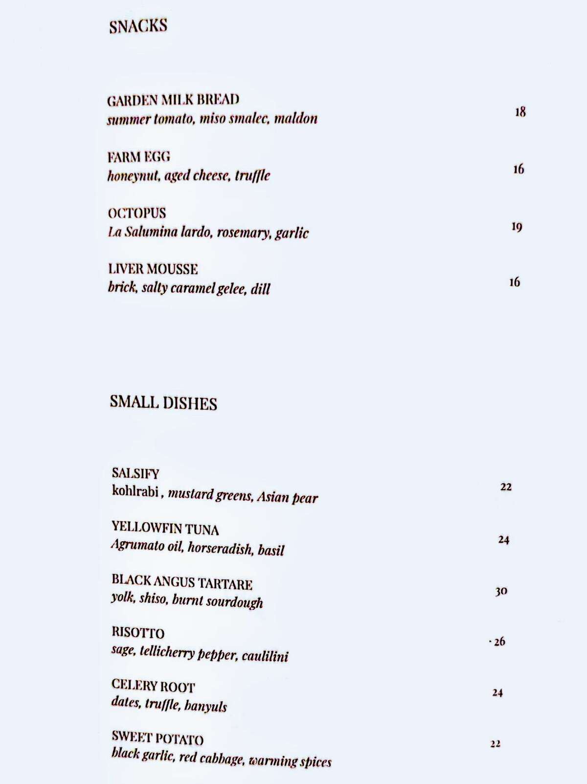 The menu at Clay.  The restaurant does not publish its prices online.