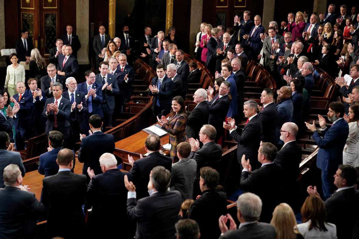 Republicans applaud as Rep. Elise Stefanik, R-N.Y., nominates Rep. Kevin McCarthy, R-Calif., as House speaker during opening day of the 118th Congress on Jan 3, 2023.