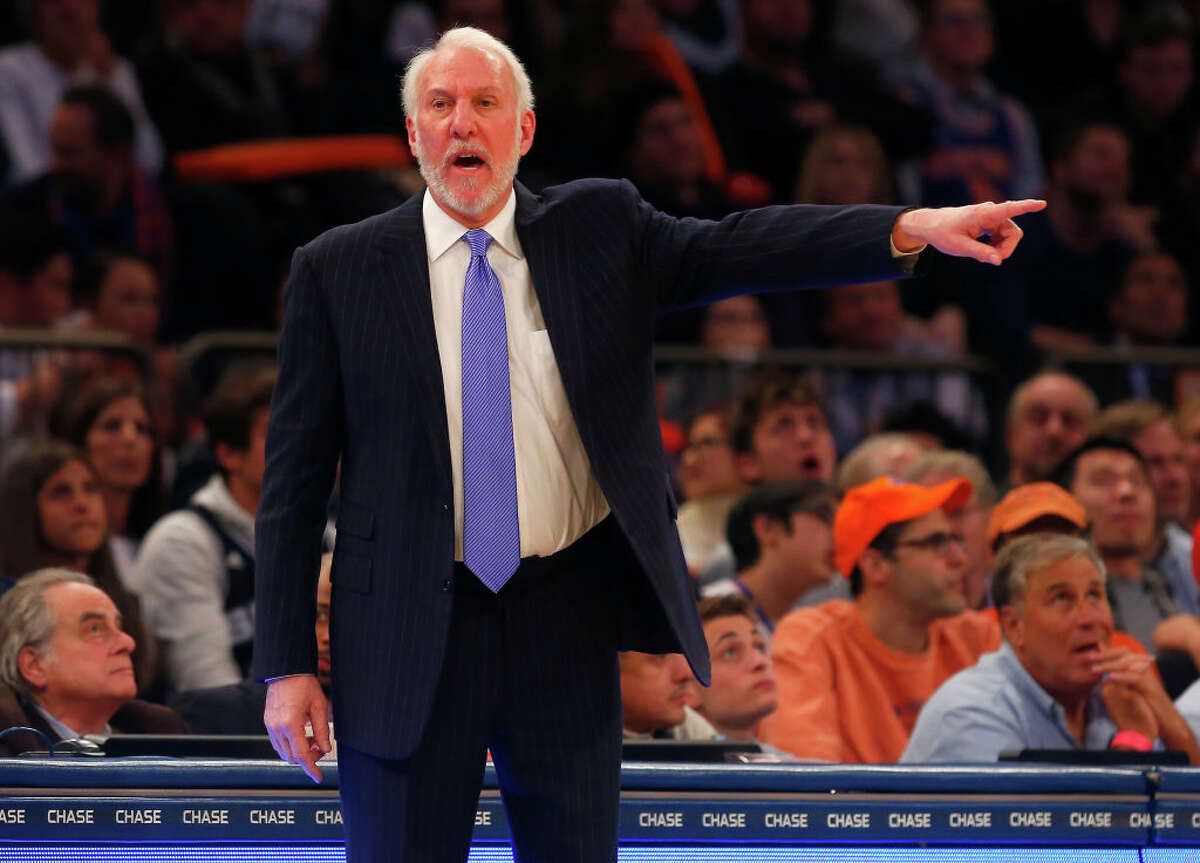 Head coach Gregg Popovich of the San Antonio Spurs in action against the New York Knicks at Madison Square Garden on January 2, 2018 in New York City. The Spurs defeated the Knicks 100-91. 