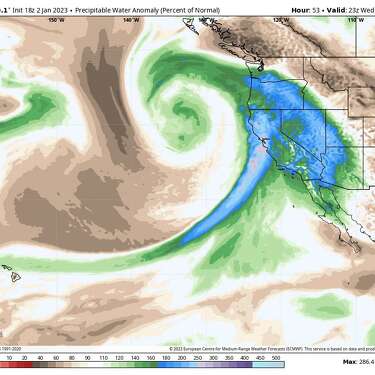The European weather model’s precipitable water — how much water vapor is ready to fall as rain — anomaly forecast, shows that this upcoming winter storm will host values that are almost three times what’s normal for this time of the year.