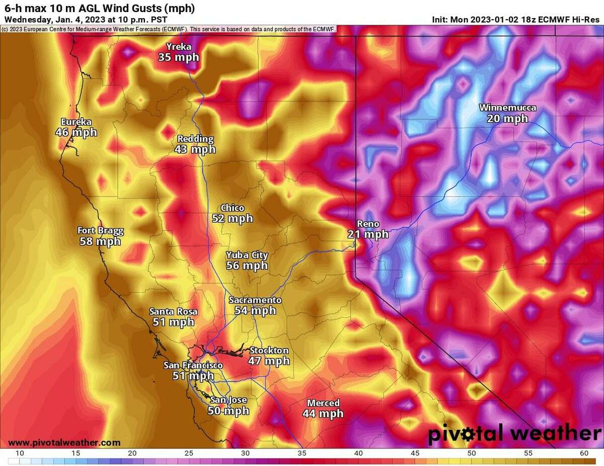 This week’s winter storm — fueled by a pineapple express — is slated to whip up 35 to 45 mph gusts on Wednesday across much of Northern California, including the Bay Area. Localized gusts up to 55 mph will be possible at some of the highest peaks in San Francisco and Oakland, while gusts up to 70 mph can’t be ruled out for the East Bay hills, North Bay mountains, Diablo Range and Santa Cruz mountains.