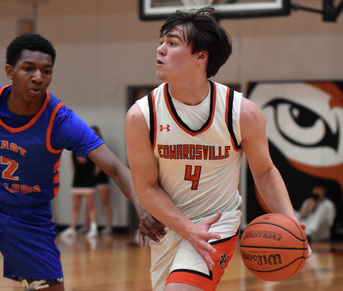Edwardsville's Jake Curry dribbles up the court against East St. Louis on Tuesday in Southwestern Conference action at Lucco-Jackson Gymnasium in Edwardsville.