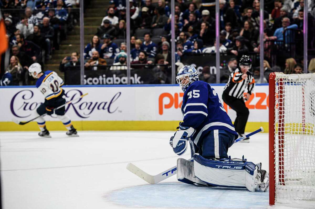 Toronto Maple Leafs goaltender Ilya Samsonov reacts after St. Louis Blues center Brayden Schenn (10) scored in the shootout in Toronto.
