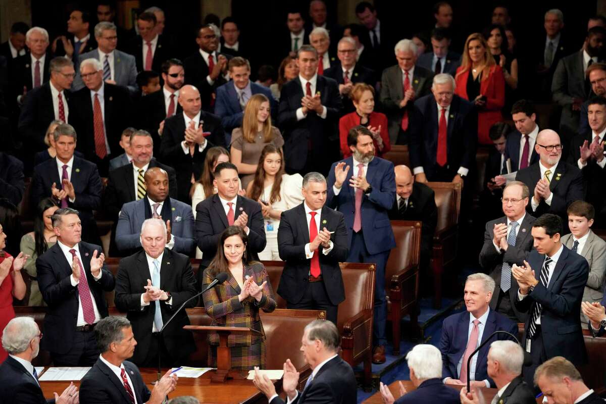 House Republican Leader Kevin McCarthy, R-Calif., bottom right, is applauded after he was nominated to be the new Speaker of the House by Rep. Elise Stefanik, R-N.Y., in the House chamber on the opening day of the 118th Congress at the U.S. Capitol, Tuesday, Jan. 3, 2023, in Washington.