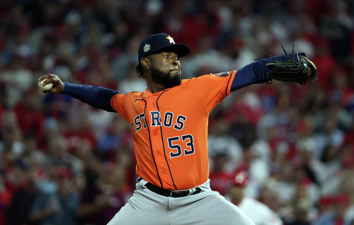 Christian Javier #53 of the Houston Astros pitches against the Philadelphia Phillies during halftime in Game Four of the 2022 World Series at Citizens Bank Park on November 02, 2022 in Philadelphia, Pennsylvania.