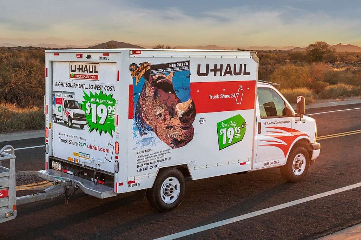A U-Haul moving truck is seen on the road. The rental moving truck company says Texas is the most popular state for its customers.