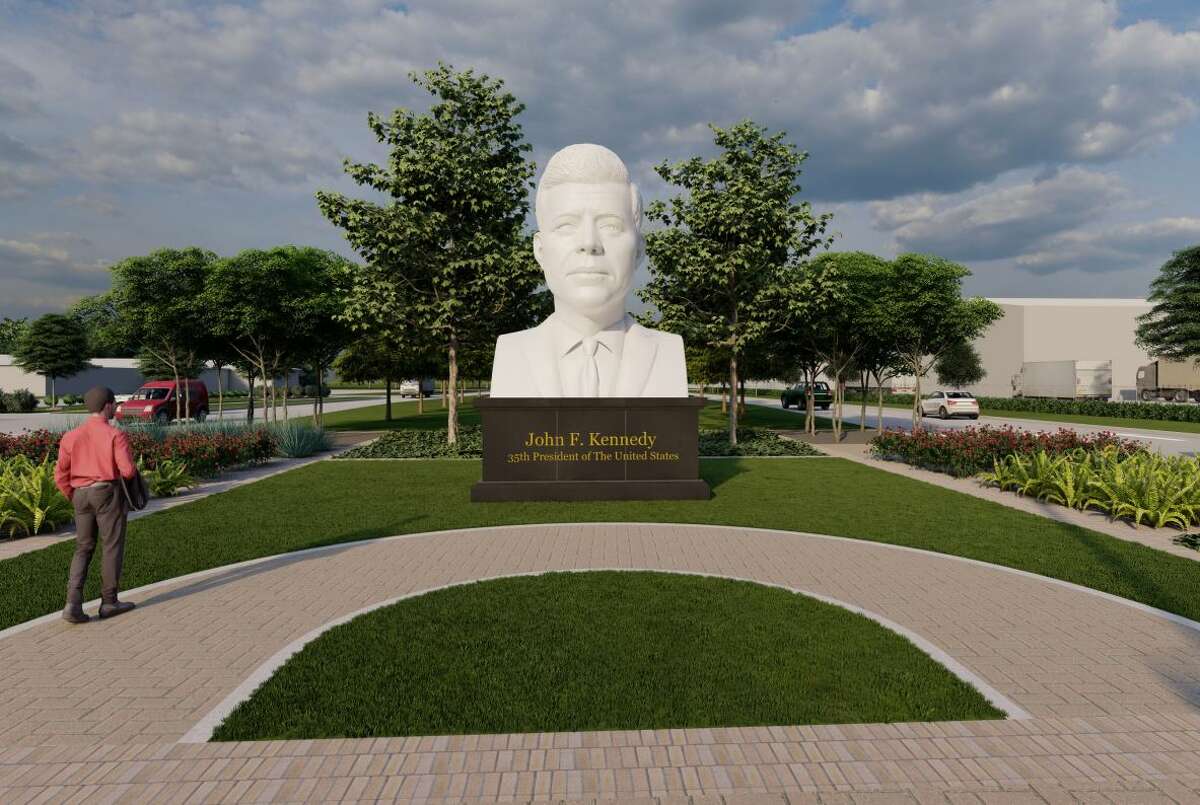 A rendering of the 5-ton sculpture of President John F. Kennedy which will be installed on John F. Kennedy Boulevard near the airport's southern entrance in East Aldine this month. 