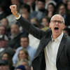 Connecticut head coach Dan Hurley calls to his players during the first half of an NCAA college basketball game against Providence, Wednesday, Jan. 4, 2023, in Providence, R.I. (AP Photo/Charles Krupa)