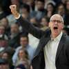 Connecticut head coach Dan Hurley calls to his players during the first half of an NCAA college basketball game against Providence, Wednesday, Jan. 4, 2023, in Providence, R.I.