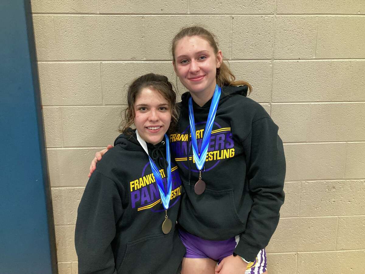 Frankfort wrestlers Bella Crompton (left) and Paige Willman pose for a photo after the Montague Lady Mat Cats Open on Dec. 29, 2022. 