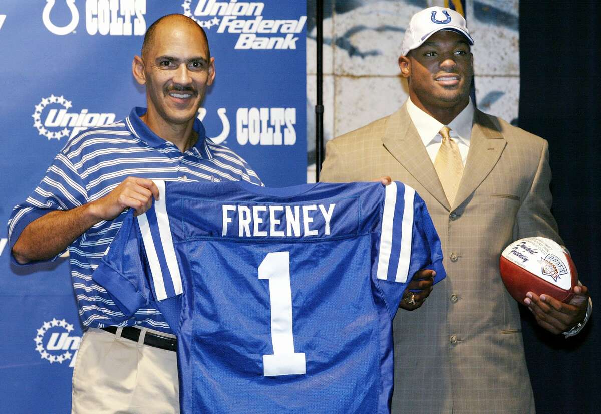 Indianapolis Colts coach Tony Dungy, left, and Colts first-round draft pick Dwight Freeney pose prior to a news conference in Indianapolis, Saturday, April 20, 2002. Freeney, a defensive end from Syracuse, was the 11th overall pick in Saturday's NFL draft. (AP Photo/John Harrell) HOUCHRON CAPTION (07/20/2002): The Texans enter a league in flux, with coaches including Tony Dungy, left, moving and teams switching divisions.