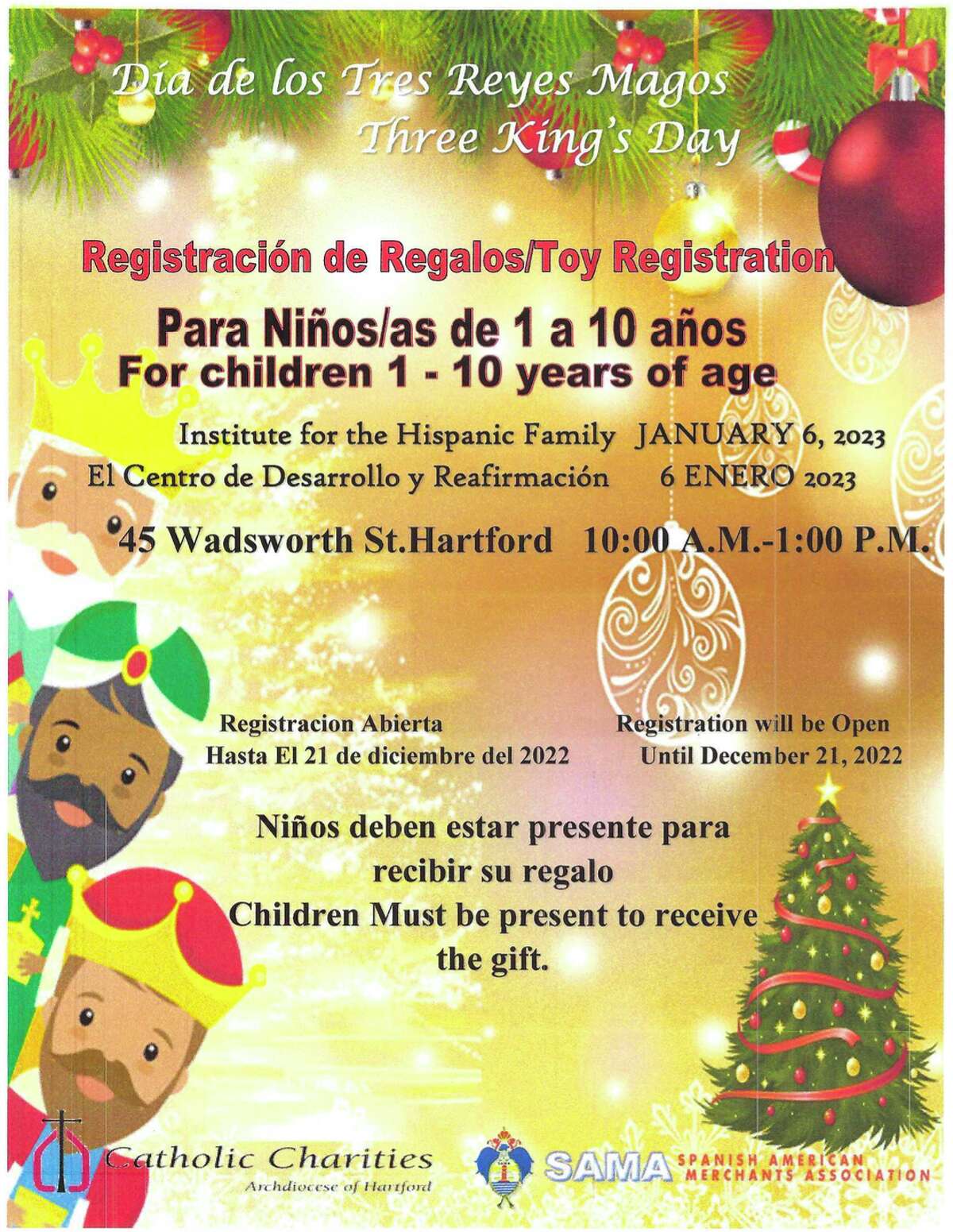 An informational poster for Three Kings Day toy drive in Hartford.