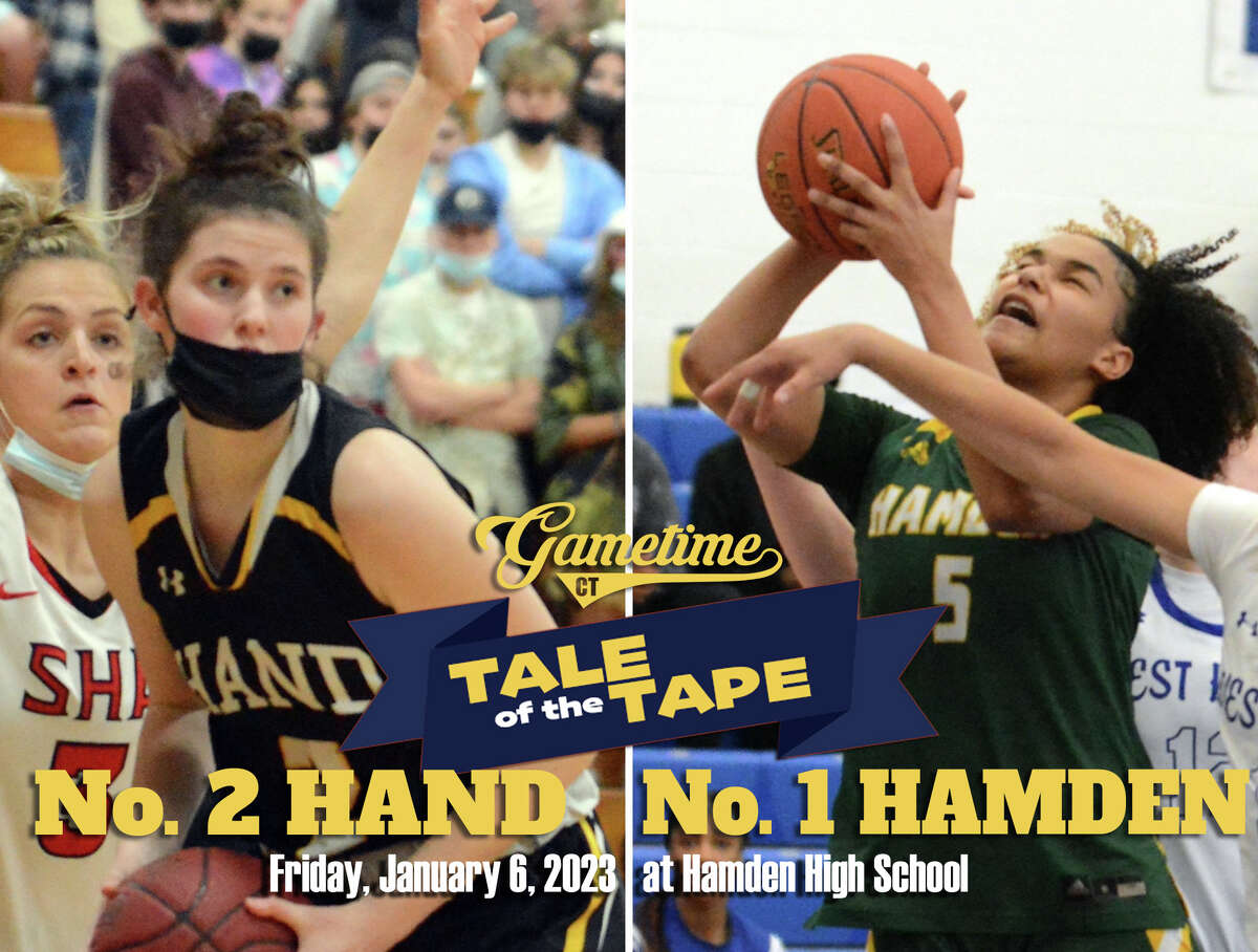 Hand's Natalie Lucas (left) and Hamden's Alana Philpotts (right) lead their teams into a No. 2 at No. 1 battle in the SCC on Friday night in Hamden. 