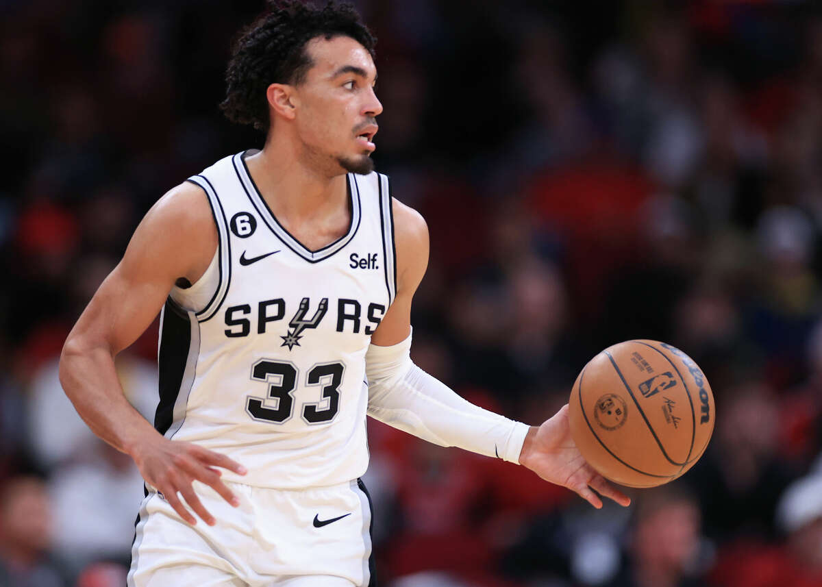 Tre Jones No. 33 of the San Antonio Spurs against the Houston Rockets at the Toyota Center on December 19, 2022 in Houston, Texas.
