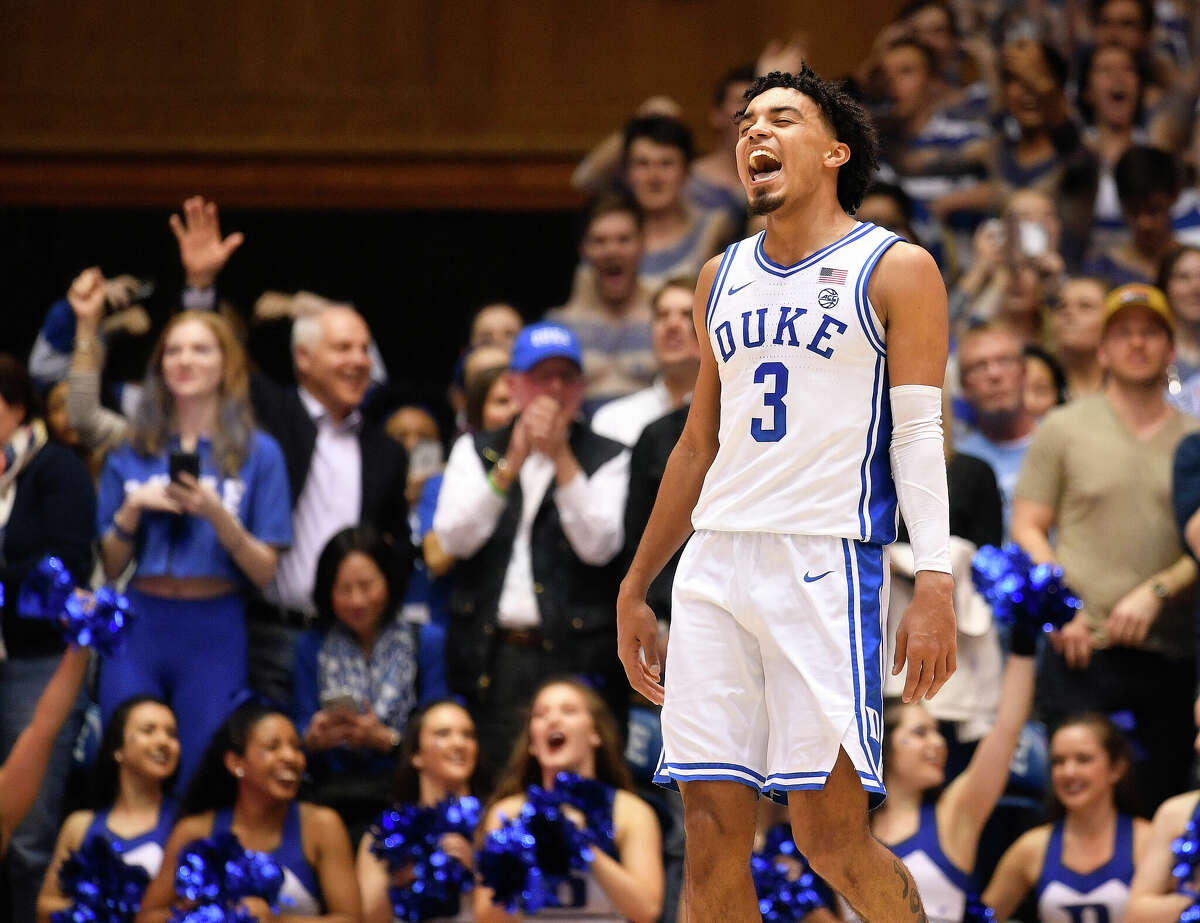 Tre Jones #3 of the Duke Blue Devils reacts during the second half of their game against the North Carolina Tar Heels at Cameron Indoor Stadium on March 7, 2020 in Durham, North Carolina.  Duke won 89-76. 