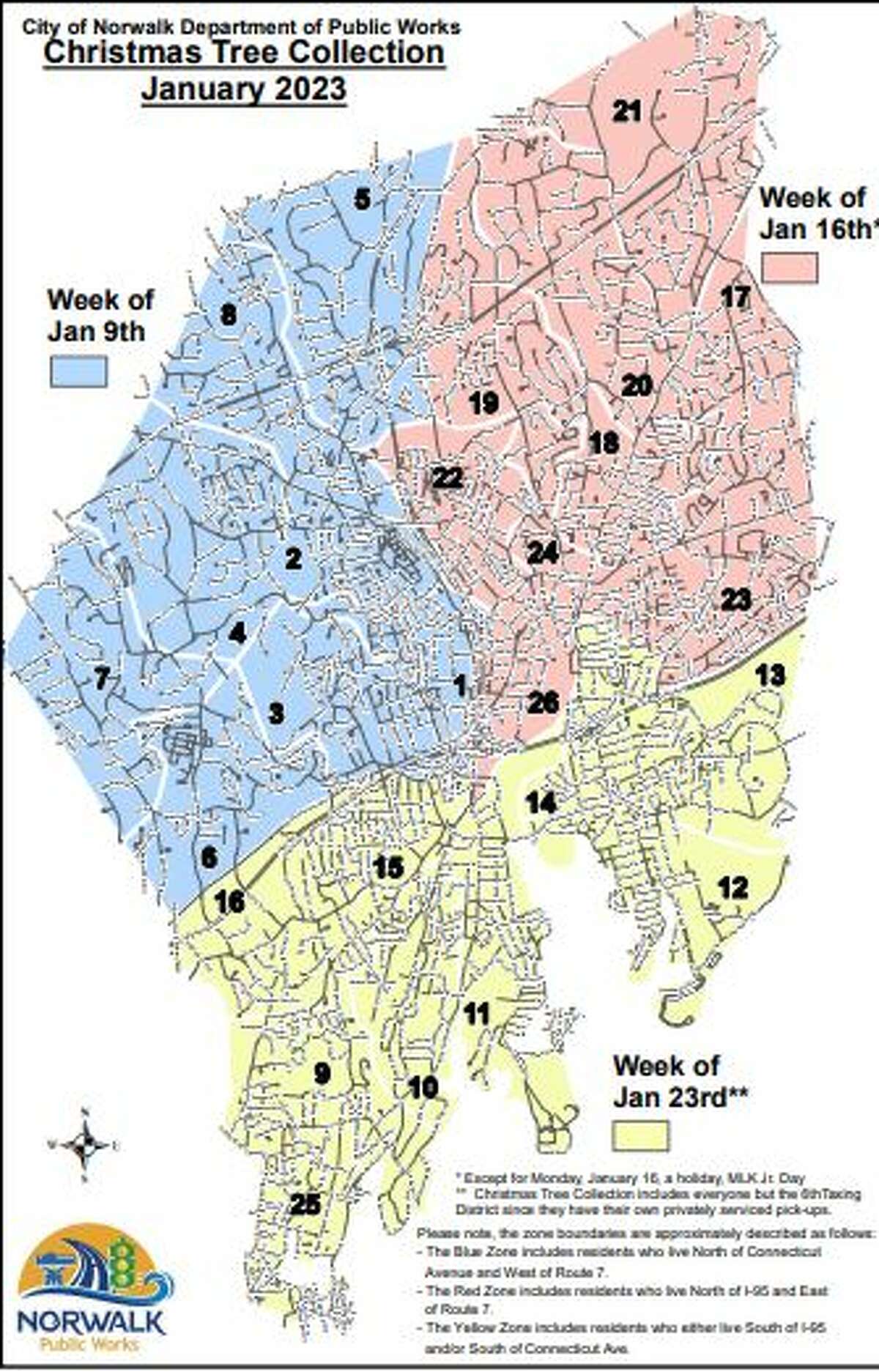The map of Norwalk shows the different weeks of Christmas tree pickups in January. 