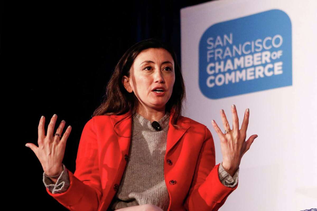 Katrina Lake, founder of Stitch Fix, speaks at the Chamber of Commerce’s annual CityBeat Breakfast in 2019 in San Francisco. Lake will become interim CEO of the company after Thursday’s announced layoffs.