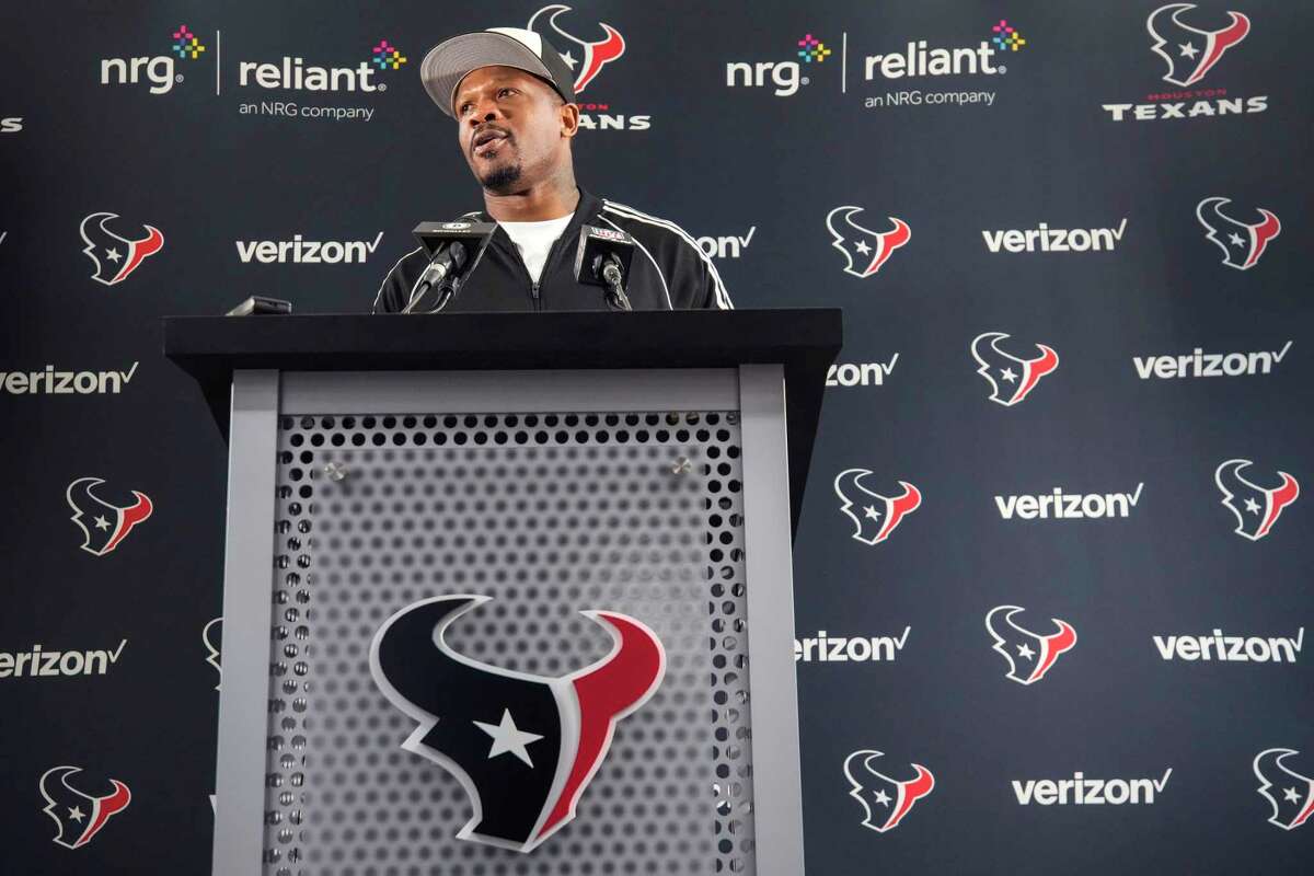 Former Houston Texans wide receiver Andre Johnson talks about being named a finalist for the induction to Pro Football Hall of Fame on Thursday, Jan. 5, 2023, in Houston. Johnson has been named a Hall of Fame finalist for the second consecutive year. Johnson, who was the inaugural member of the Texans' Ring of Honor, joins 15 modern-era finalists for the Class of 2023.