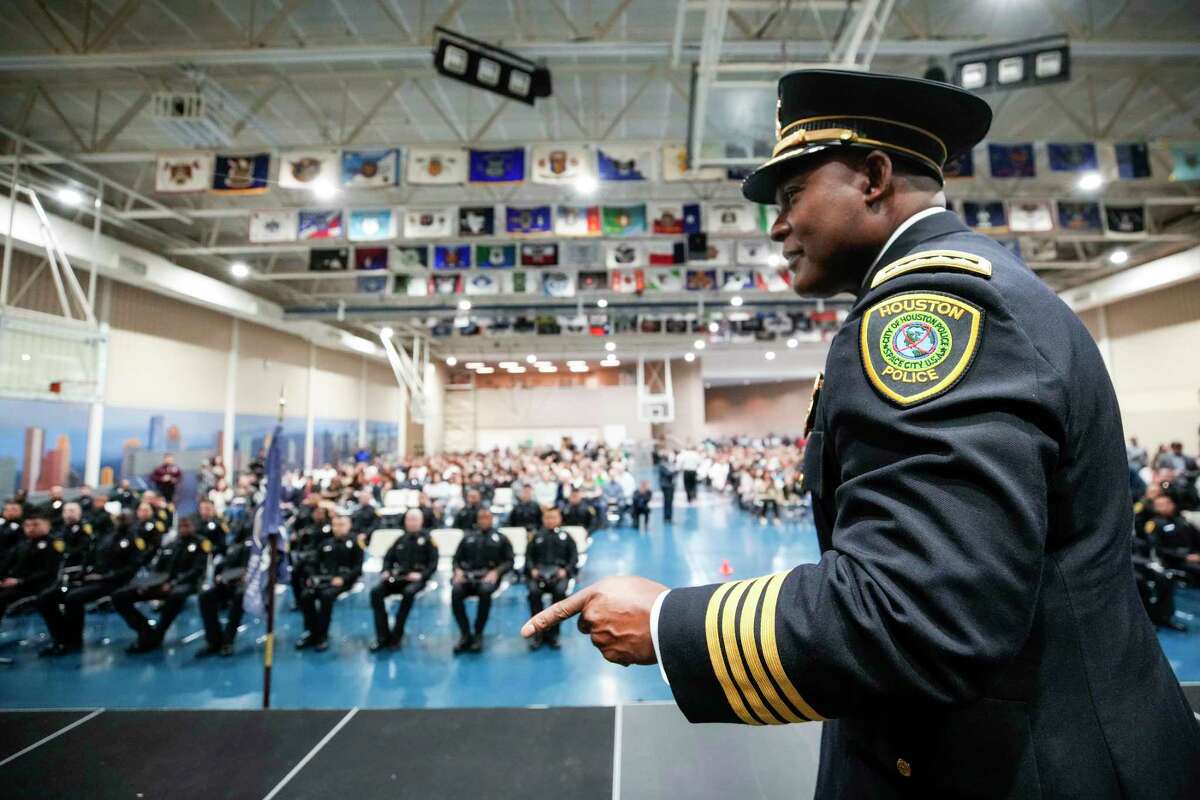 Chief Troy Finner waits to present badges to his new officers during the Houston Police Academy graduation of Cadet Class 256 on Thursday, Jan. 5, 2023 in Houston.