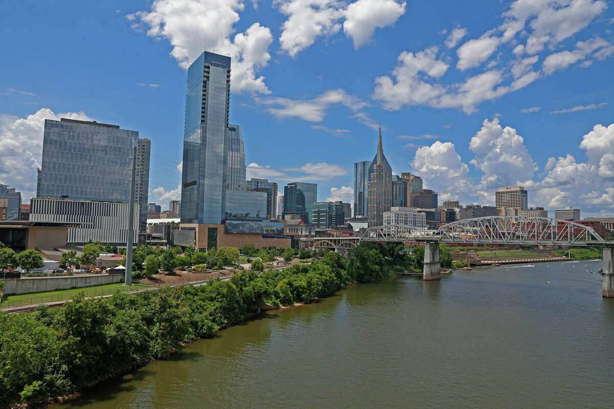 A wide-angle view of the Nashville downtown skyline.