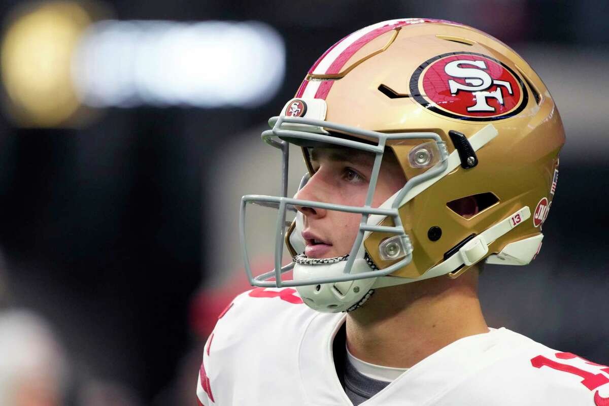 San Francisco 49ers quarterback Brock Purdy (13) warms up against the Las Vegas Raiders during the first half of an NFL football game, Sunday, Jan. 1, 2023, in Las Vegas. (AP Photo/Rick Scuteri)