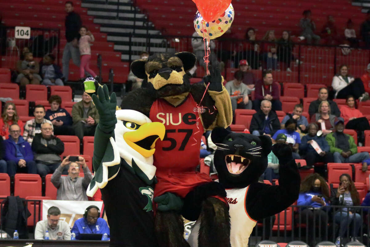 SIUE's mascot, Eddie the Cougar, was recognized at halftime for his 13th birthday. He was joined at the SIUE-Tennessee State game Thursday night by other area mascots. 
