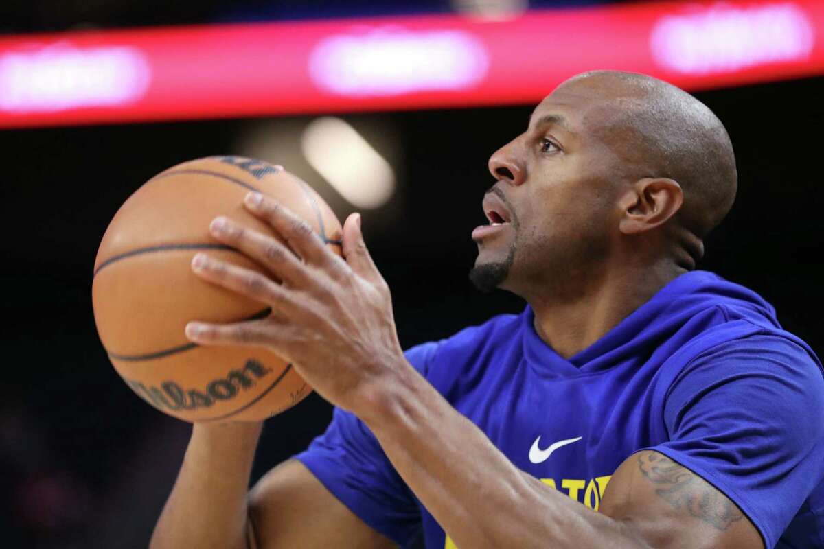 Golden State Warriors’ Andre Iguodala shoots before Warriors play Miami Heat during NBA game at Chase Center in San Francisco, Calif., on Thursday, October 27, 2022.