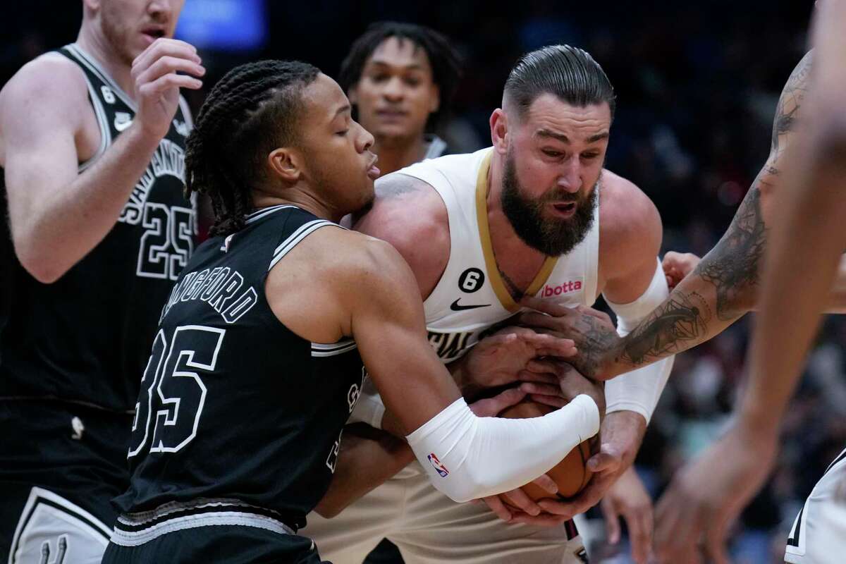 Spurs guard Romeo Langford, left, has been Devin Vassell’s typical replacement this season. A defensive-minded 23-year-old, Langford put up a career-best 23 points in a Dec. 29 win over New York.
