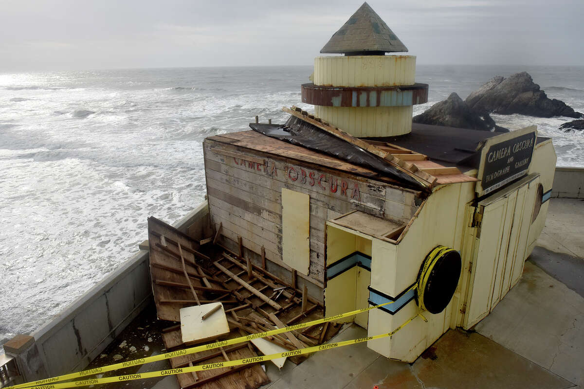 A view of the Camera Obscura building damaged in the recent storm, seen near the Cliff House in Ocean Beach on Friday, January 6, 2023.