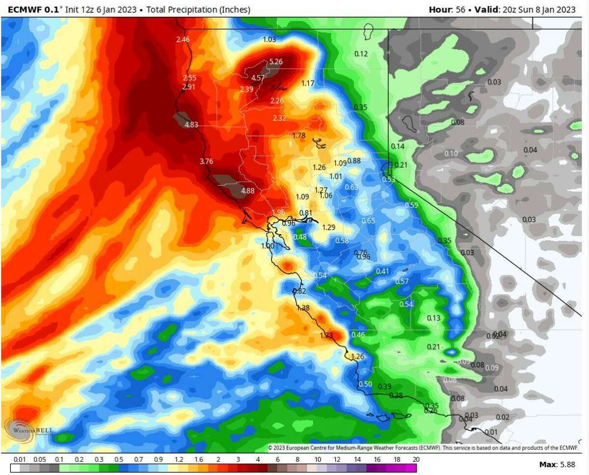 Saturday’s storm will tap into an atmospheric river and bring 1 to 2 inches of rain to the Bay Area. Parts of the North Bay will be closer to the center of that atmospheric river, allowing Napa, Sonoma and Marin counties to see totals closer to 3 to 4 inches. Isolated pockets of the Sonoma County mountains could see as much as 6 inches of rain on Saturday.