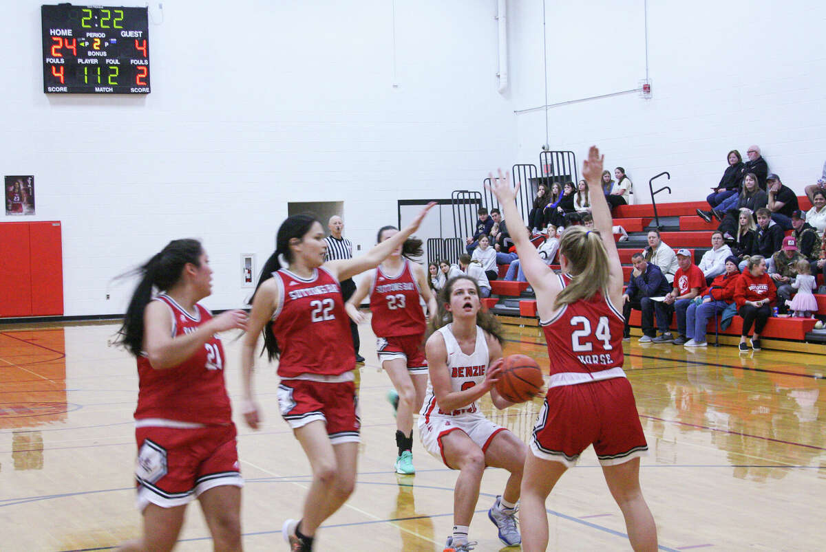 Benzie Central senior Gloria Stepanovich slams on the breaks to attempt a jump shot against Suttons Bay on Jan. 6 at Benzie Central Middle School. 