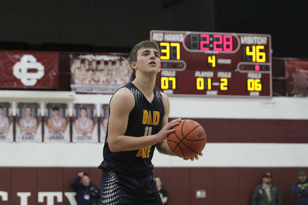 Bad Axe's Keaton Braun on a free throw against Cass City. His 17 points in the fourth quarter led the Hatchets over Reese Wednesday night, Jan. 11.