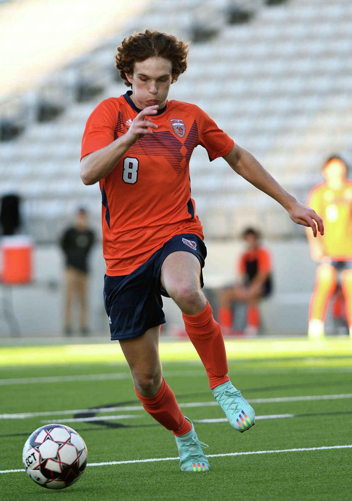 Bridgeland's Brantley Hollis works the ball against the Valley View defense during the second half of their matchup in the 2023 CFISD Soccer Showcase at CFFCU Stadium in Cypress on Friday, Jan. 6, 2023.
