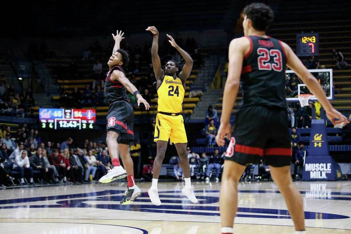 California Golden Bears forward Sam Alajiki (24) scores a three-point shot against the Stanford Cardinal in the second half of an NCAA men’s basketball game at Haas Pavilion in Berkeley, Calif., Friday, Jan. 6, 2023. The Golden Bears won 92-70.