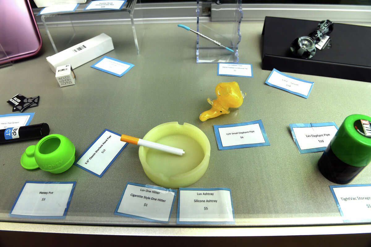Items for sale in a display case at the medical marijuana dispensary Bluepoint Wellness in Branford photographed on January 5, 2023. Bluepoint Wellness will change the business name to Rise and incorporate adult use recreational pot sales on January 10, 2023.