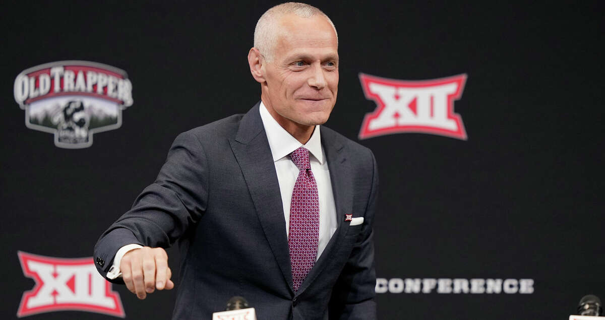Incoming Big 12 Commissioner Brett Yormark speaks during a news conference opening the NCAA college football Big 12 media days in Arlington, Texas, Wednesday, July 13, 2022. (AP Photo/LM Otero)