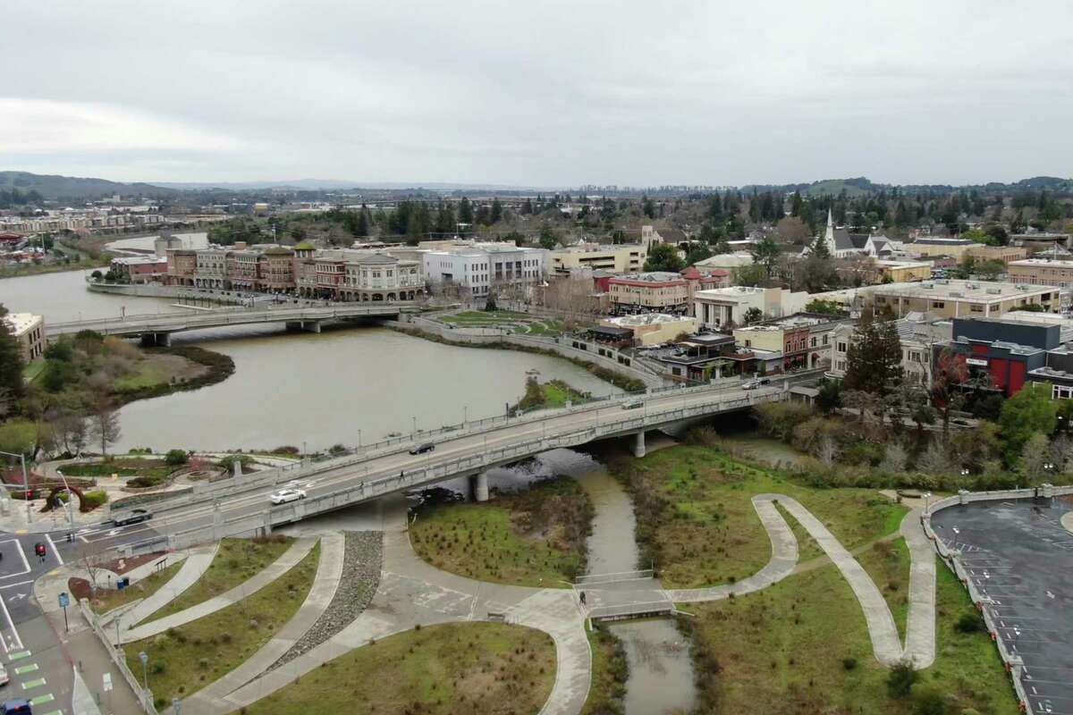 The back part of the Oxbow Bypass rejoins the Napa River in downtown Napa. Napa County is closing the floodgates of Oxbow Commons, the flood relief channel for the Napa River, in anticipation of the river rising near flood levels.