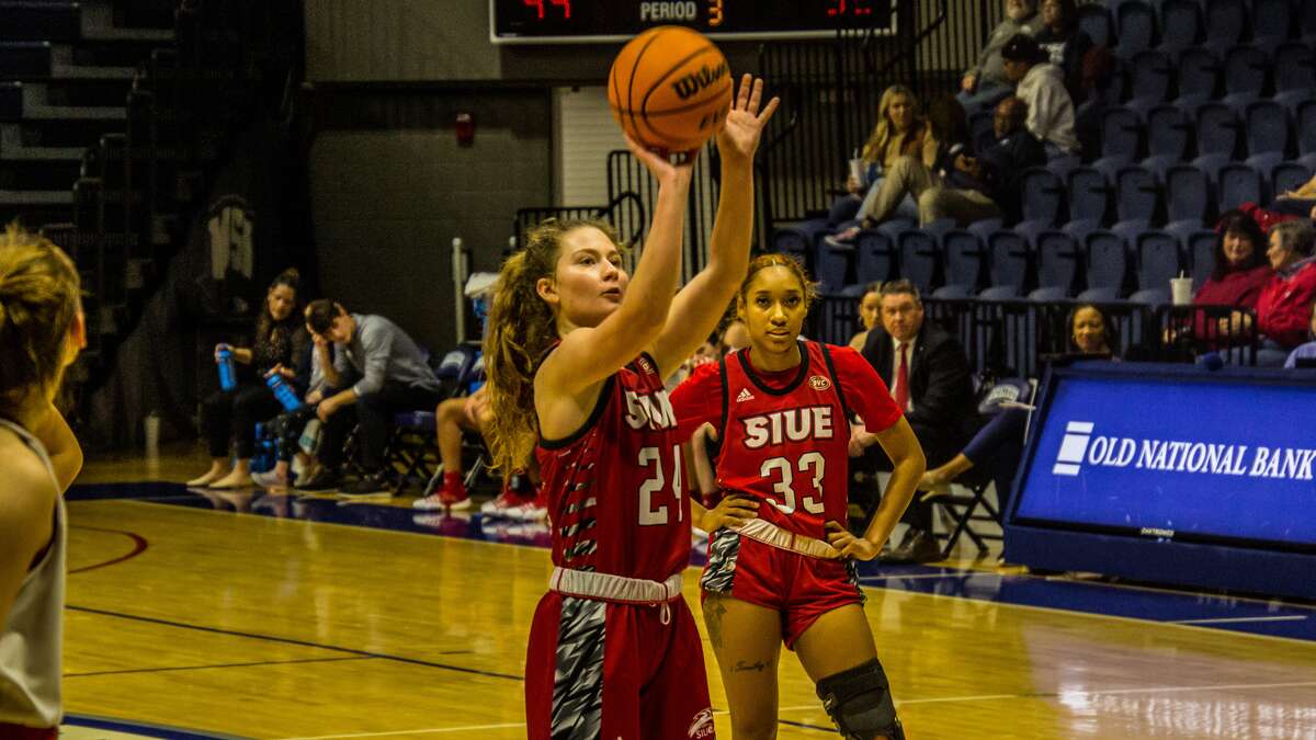 SIUE's Sofie Lowis shoots a free throw during the Cougars' 79-59 loss to Southern Indiana on Saturday. Lowis scored a career-high 22 points in the loss. 