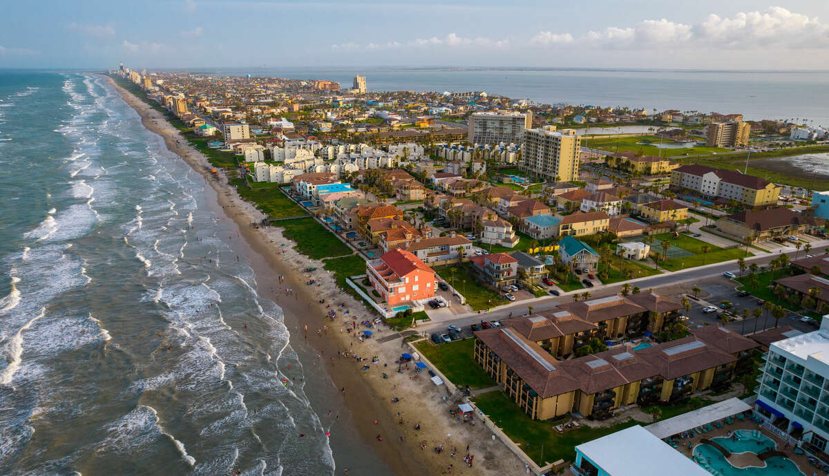 An aerial view of South Padre Island along the Texas coast.