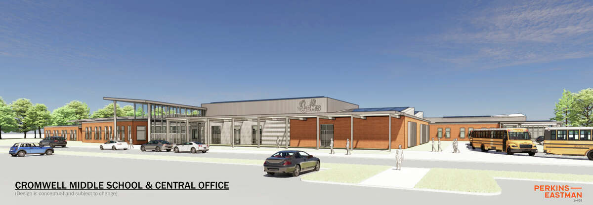 The $53 million new Cromwell Middle School project is moving into the detailed design phase, estimated to last about nine weeks. Shown here is a rendering of the building.