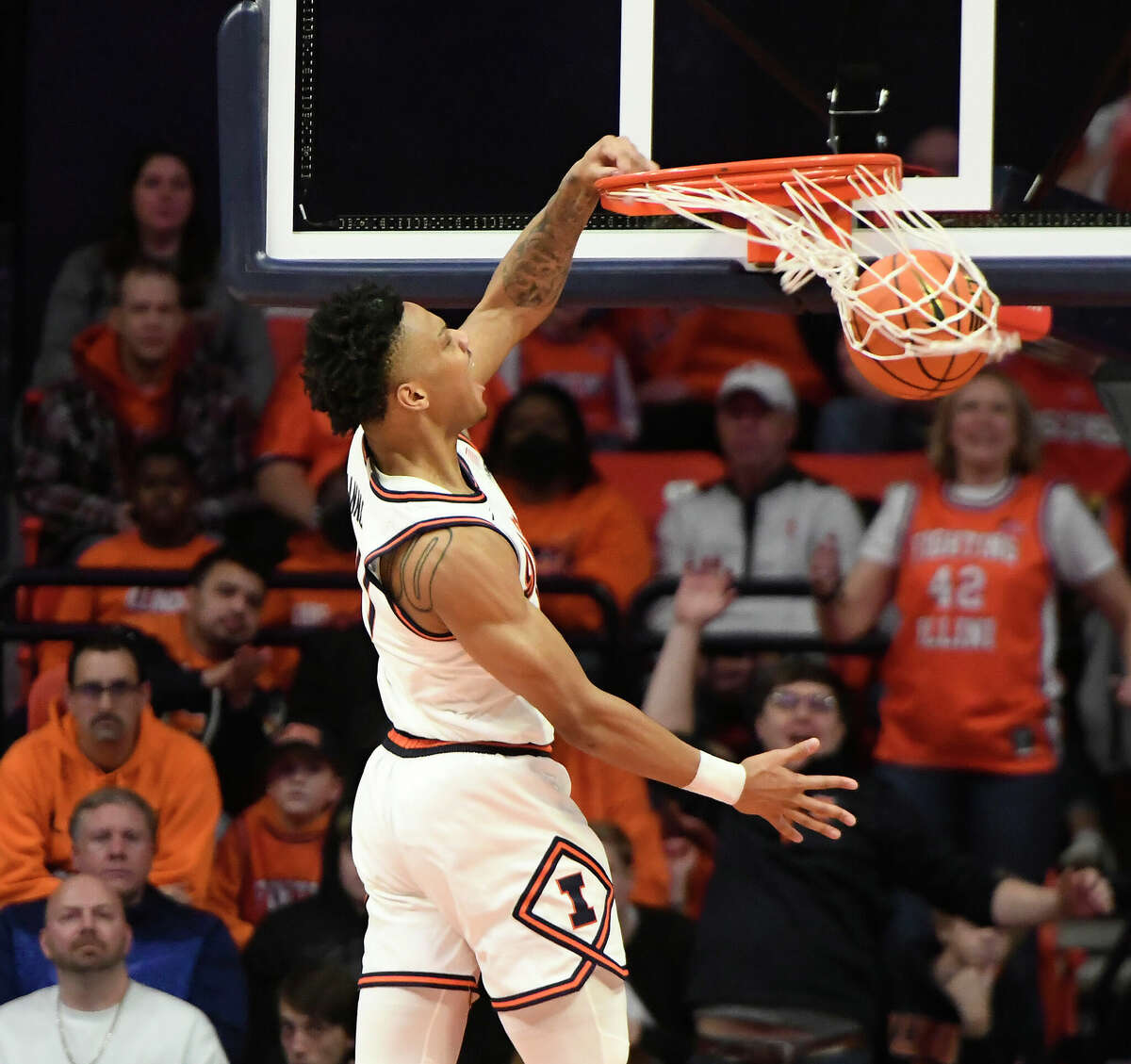 Illinois' Terrence Shannon Jr. dunks during the second half game against Wisconsin on Saturday in Champaign.  