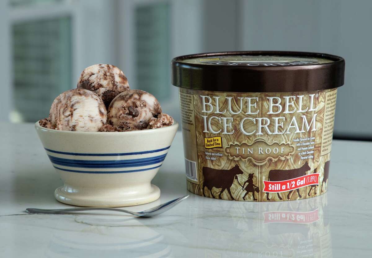 A tub and bowl of Blue Bell's Tin Roof ice cream. The Brenham, Texas ice cream maker announced it was making a return on Jan. 5, 2023.