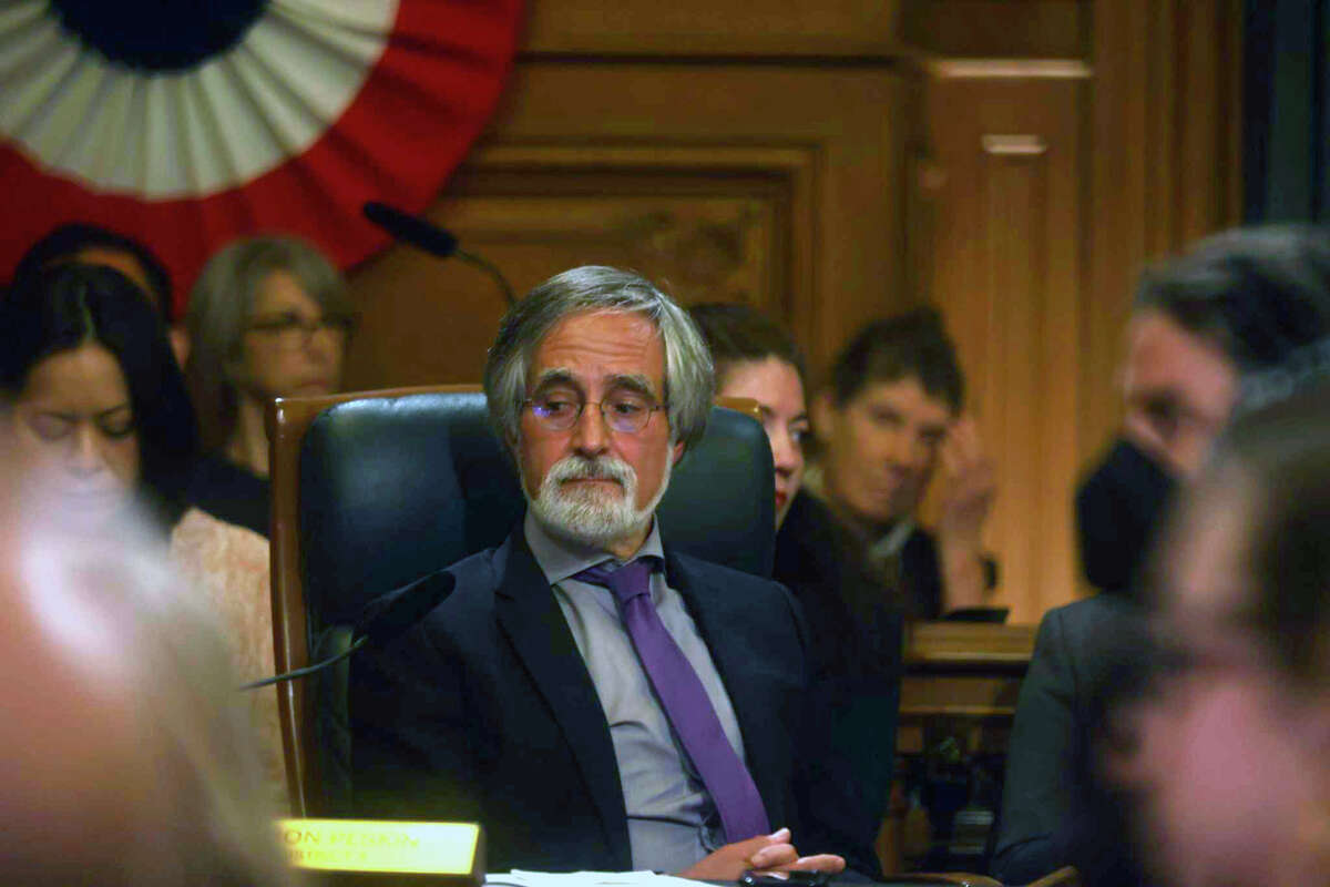 Supervisor Aaron Peskin is seen in the Legislative Chamber during election of the Office of the President of the Board of Supervisors, for which he is nominated, at City Hall on Monday, January 9, 2023.