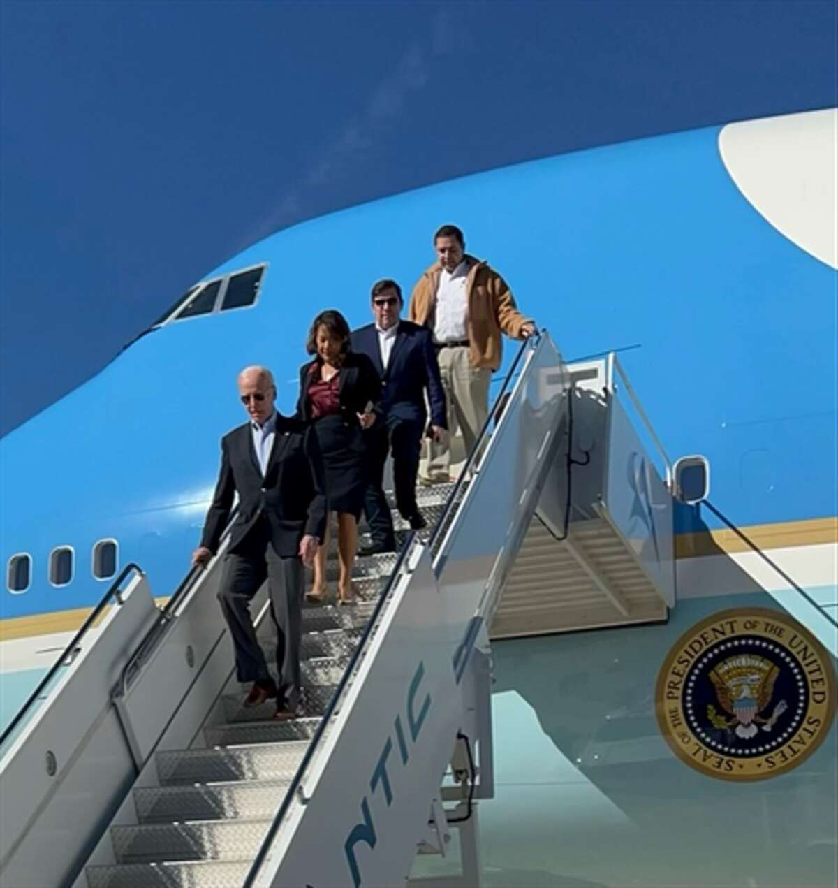 Rep. Henry Cuellar (TX-28) is seen stepping off Air Force One with President Joe Biden and Reps. Veronica Escobar (TX-16) and Vicente Gonzalez (TX-34) along the border of El Paso on Sunday, Jan. 8, 2023.